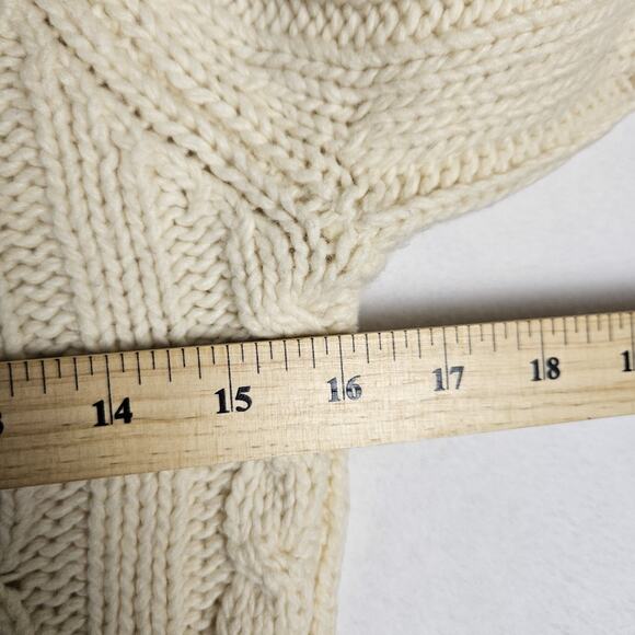 Vintage Y2K Cable Knit Sweater Womens Lambs Wool Hood Wood Toggle Button Cream M - Picture 14 of 15